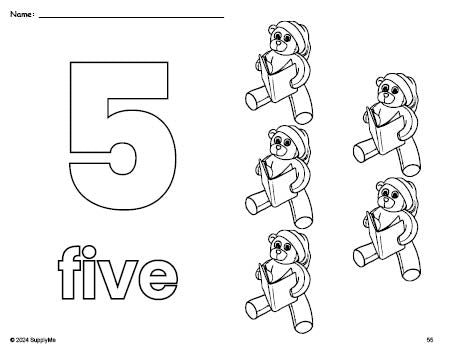 Free printable teddy bear Christmas coloring page and counting worksheet, number 5 coloring page for preschool, pre-k, and kindergarten