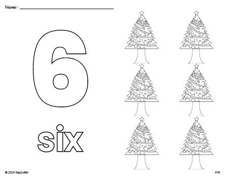 Free printable Christmas tree Christmas coloring page and counting worksheet, number 6 coloring page for preschool, pre-k, and kindergarten