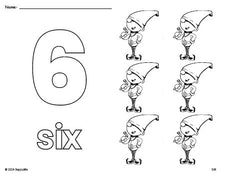 Free printable elf Christmas coloring page and counting worksheet, number 6 coloring page for preschool, pre-k, and kindergarten