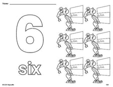 Free printable elf Christmas coloring page and counting worksheet, number 6 coloring page for preschool, pre-k, and kindergarten