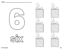 Free printable gift Christmas coloring page and counting worksheet, number 6 coloring page for preschool, pre-k, and kindergarten