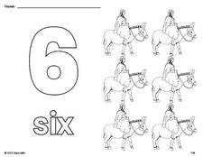 Free printable Mary Christmas coloring page and counting worksheet, number 6 coloring page for preschool, pre-k, and kindergarten