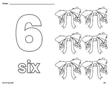 Free printable mistletoe Christmas coloring page and counting worksheet, number 6 coloring page for preschool, pre-k, and kindergarten