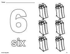Free printable present Christmas coloring page and counting worksheet, number 6 coloring page for preschool, pre-k, and kindergarten