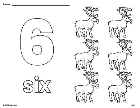 Free printable reindeer Christmas coloring page and counting worksheet, number 6 coloring page for preschool, pre-k, and kindergarten