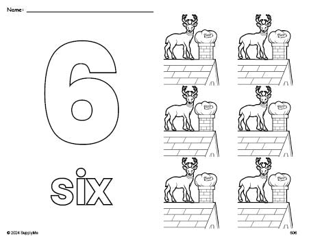 Free printable reindeer Christmas coloring page and counting worksheet, number 6 coloring page for preschool, pre-k, and kindergarten