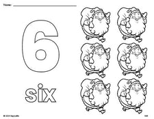 Free printable Santa Christmas coloring page and counting worksheet, number 6 coloring page for preschool, pre-k, and kindergarten