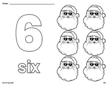 Free printable Santa Christmas coloring page and counting worksheet, number 6 coloring page for preschool, pre-k, and kindergarten