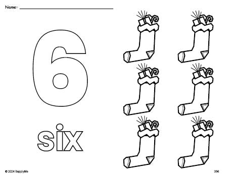 Free printable stocking Christmas coloring page and counting worksheet, number 6 coloring page for preschool, pre-k, and kindergarten