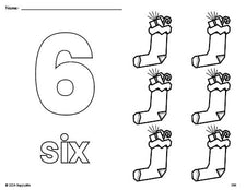 Free printable stocking Christmas coloring page and counting worksheet, number 6 coloring page for preschool, pre-k, and kindergarten
