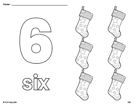 Free printable stocking Christmas coloring page and counting worksheet, number 6 coloring page for preschool, pre-k, and kindergarten