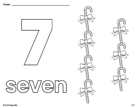 Free printable candy cane Christmas coloring page and counting worksheet, number 7 coloring page for preschool, pre-k, and kindergarten