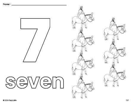 Free printable Mary Christmas coloring page and counting worksheet, number 7 coloring page for preschool, pre-k, and kindergarten