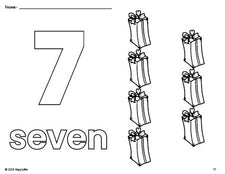 Free printable present Christmas coloring page and counting worksheet, number 7 coloring page for preschool, pre-k, and kindergarten