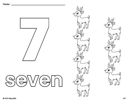 Free printable reindeer Christmas coloring page and counting worksheet, number 7 coloring page for preschool, pre-k, and kindergarten