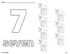 Free printable reindeer Christmas coloring page and counting worksheet, number 7 coloring page for preschool, pre-k, and kindergarten