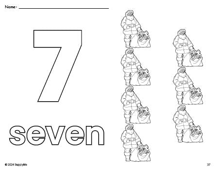 Free printable Santa Christmas coloring page and counting worksheet, number 7 coloring page for preschool, pre-k, and kindergarten
