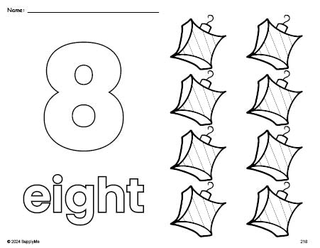 Free printable ornament Christmas coloring page and counting worksheet, number 8 coloring page for preschool, pre-k, and kindergarten