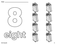 Free printable present Christmas coloring page and counting worksheet, number 8 coloring page for preschool, pre-k, and kindergarten
