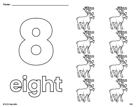 Free printable reindeer Christmas coloring page and counting worksheet, number 8 coloring page for preschool, pre-k, and kindergarten