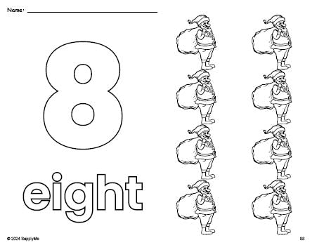 Free printable Santa Christmas coloring page and counting worksheet, number 8 coloring page for preschool, pre-k, and kindergarten