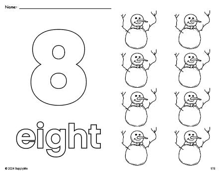 Free printable snowman winter coloring page and counting worksheet, number 8 coloring page for preschool, pre-k, and kindergarten