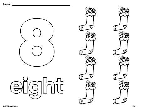 Free printable stocking Christmas coloring page and counting worksheet, number 8 coloring page for preschool, pre-k, and kindergarten