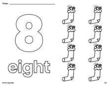 Free printable stocking Christmas coloring page and counting worksheet, number 8 coloring page for preschool, pre-k, and kindergarten