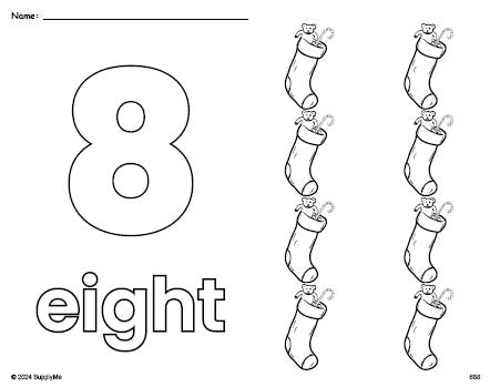 Free printable stocking Christmas coloring page and counting worksheet, number 8 coloring page for preschool, pre-k, and kindergarten