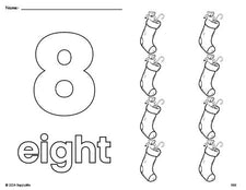 Free printable stocking Christmas coloring page and counting worksheet, number 8 coloring page for preschool, pre-k, and kindergarten