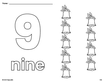 Free printable bell Christmas coloring page and counting worksheet, number 9 coloring page for preschool, pre-k, and kindergarten