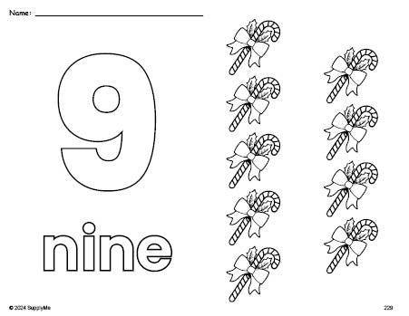 Free printable candy cane Christmas coloring page and counting worksheet, number 9 coloring page for preschool, pre-k, and kindergarten