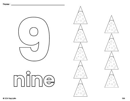Free printable Christmas tree Christmas coloring page and counting worksheet, number 9 coloring page for preschool, pre-k, and kindergarten