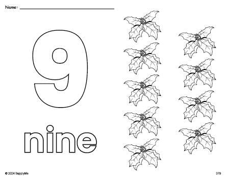 Free printable holly Christmas coloring page and counting worksheet, number 9 coloring page for preschool, pre-k, and kindergarten