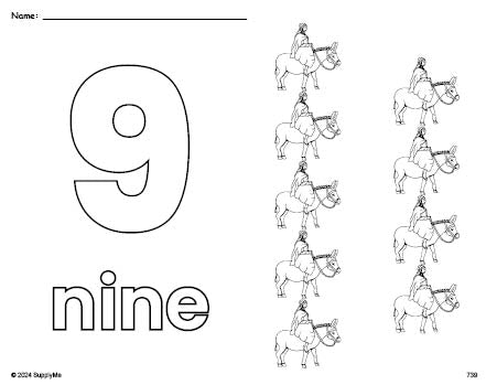 Free printable Mary Christmas coloring page and counting worksheet, number 9 coloring page for preschool, pre-k, and kindergarten