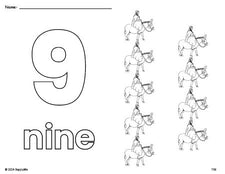 Free printable Mary Christmas coloring page and counting worksheet, number 9 coloring page for preschool, pre-k, and kindergarten
