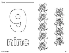 Free printable mistletoe Christmas coloring page and counting worksheet, number 9 coloring page for preschool, pre-k, and kindergarten
