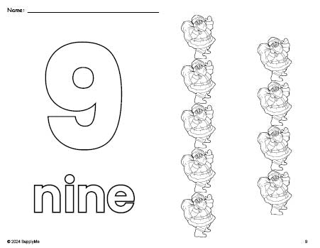 Free printable Santa Christmas coloring page and counting worksheet, number 9 coloring page for preschool, pre-k, and kindergarten