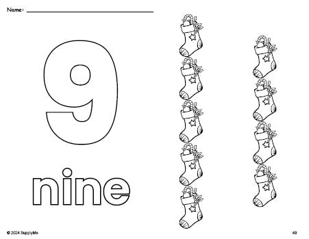Free printable stocking Christmas coloring page and counting worksheet, number 9 coloring page for preschool, pre-k, and kindergarten