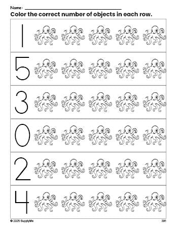 Octupus Math Test FREE Octopus Count and Color Worksheet for Preschoolers, Octopus ...
