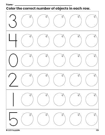 Free printable orange count and color worksheet for preschoolers, orange coloring page and counting worksheet numbers 0-5, PDF