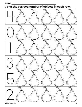 Free printable pear count and color worksheet for preschoolers, pear coloring page and counting worksheet numbers 0-5, PDF