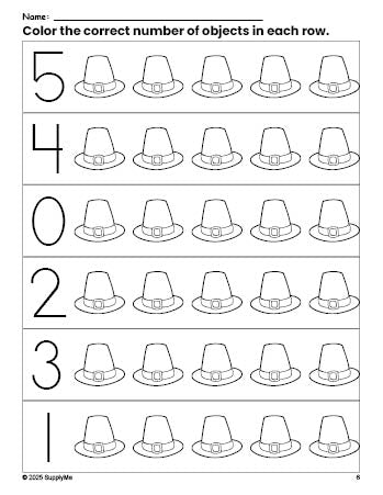 Free printable pilgrim hat Thanksgiving count and color worksheet for preschoolers, Thanksgiving coloring page and counting worksheet numbers 0-5, PDF