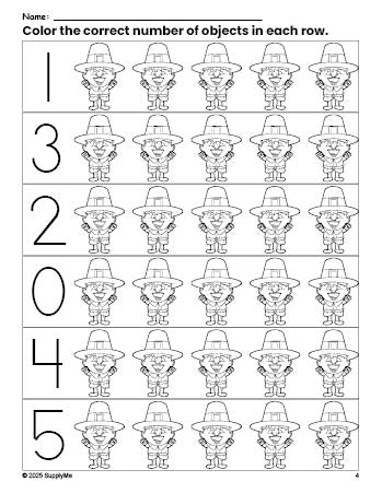 Free printable pilgrim Thanksgiving count and color worksheet for preschoolers, Thanksgiving coloring page and counting worksheet numbers 0-5, PDF
