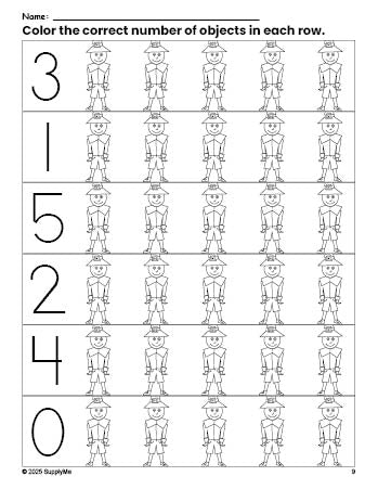 Free printable pilgrim Thanksgiving count and color worksheet for preschoolers, Thanksgiving coloring page and counting worksheet numbers 0-5, PDF