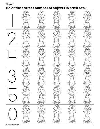 Free printable pilgrim Thanksgiving count and color worksheet for preschoolers, Thanksgiving coloring page and counting worksheet numbers 0-5, PDF