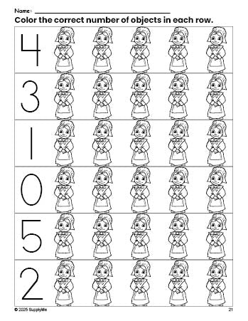 Free printable pilgrim Thanksgiving count and color worksheet for preschoolers, Thanksgiving coloring page and counting worksheet numbers 0-5, PDF