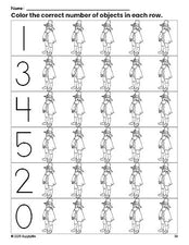 Free printable pilgrim Thanksgiving count and color worksheet for preschoolers, Thanksgiving coloring page and counting worksheet numbers 0-5, PDF