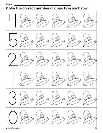 Free printable pilgrim Thanksgiving count and color worksheet for preschoolers, Thanksgiving coloring page and counting worksheet numbers 0-5, PDF