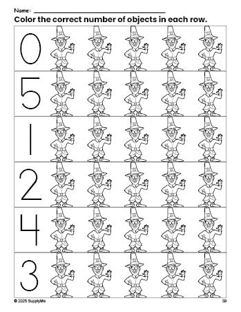 Free printable pilgrim Thanksgiving count and color worksheet for preschoolers, Thanksgiving coloring page and counting worksheet numbers 0-5, PDF